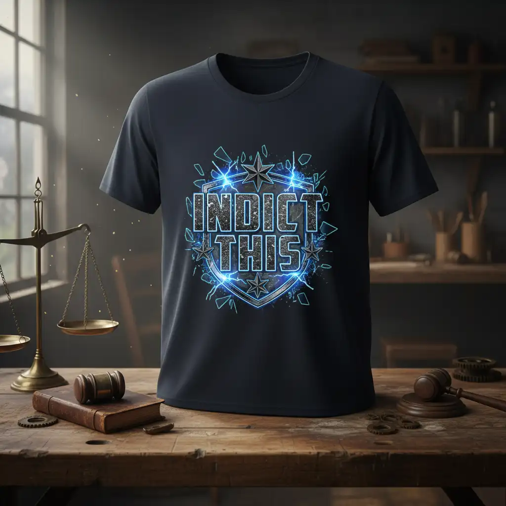 Indict This legal humor quote with glowing shield graphic on a dark t-shirt