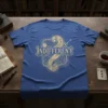 Indifferent quote on a blue t-shirt with vintage-style ornate graphic design elements
