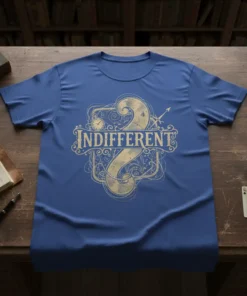Indifferent quote on a blue t-shirt with vintage-style ornate graphic design elements
