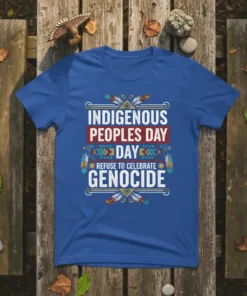 Indigenous Peoples Day Refuse to Celebrate Genocide t-shirt with bold text and tribal feather graphics