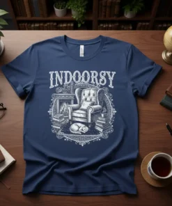 Indoorsy t-shirt design featuring a vintage armchair, sleeping cat, fireplace, and books, perfect for homebodies and book lovers