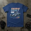 Indy 500 Indianapolis Motor Speedway t-shirt featuring a race car, checkered flag, and retro text design