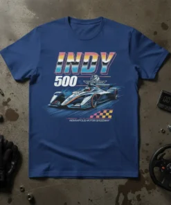 Indy 500 Indianapolis Motor Speedway t-shirt featuring a race car, checkered flag, and retro text design