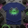 Infamous T-shirt design featuring two snarling wolves and the word "INFAMOUS" in gothic font, set against a lightning-struck cityscape