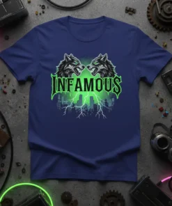 Infamous T-shirt design featuring two snarling wolves and the word "INFAMOUS" in gothic font, set against a lightning-struck cityscape
