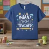 Infant Room Teacher t-shirt with colorful stars, a sun, clouds, and a large pencil graphic