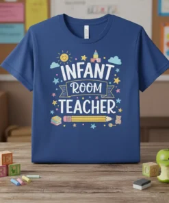 Infant Room Teacher t-shirt with colorful stars, a sun, clouds, and a large pencil graphic