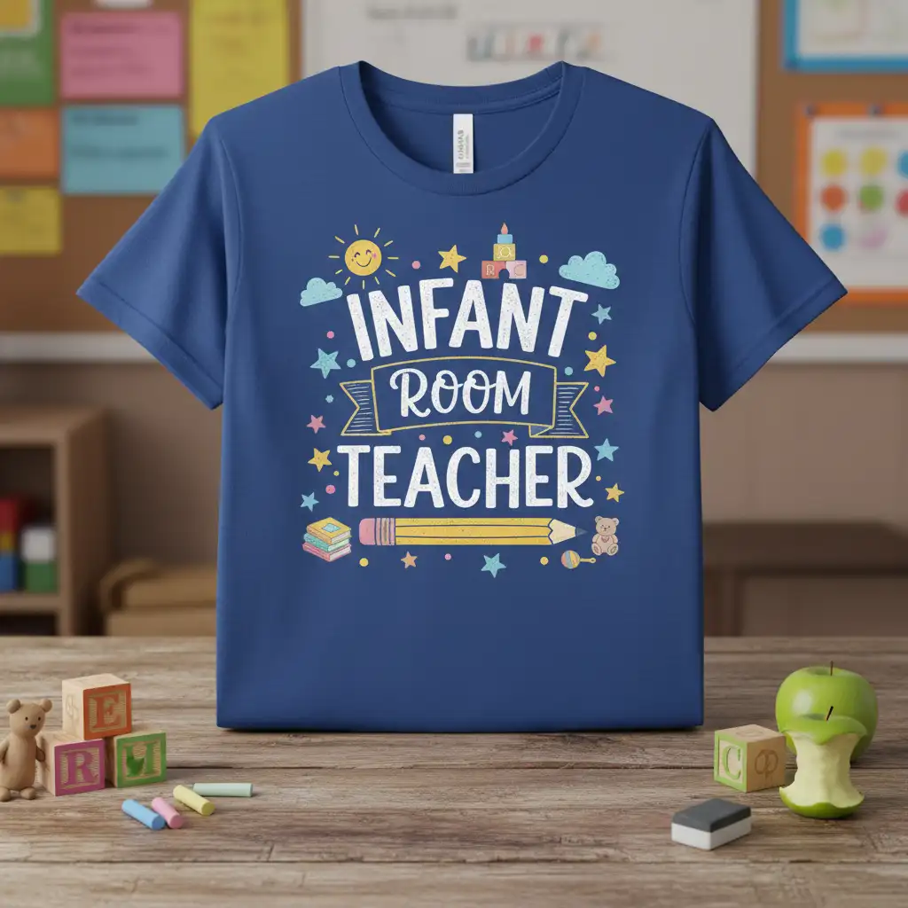 Infant Room Teacher t-shirt featuring playful typography, sun, clouds, stars, books, and a pencil graphic