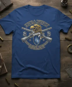 Infantry Harmony Church Fort Benning GA T-Shirt with eagle, crossed rifles, shield, and text "Follow Me"