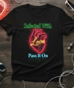 Infected With Love Pass It On T-Shirt with neon heart graphic and inspirational quote