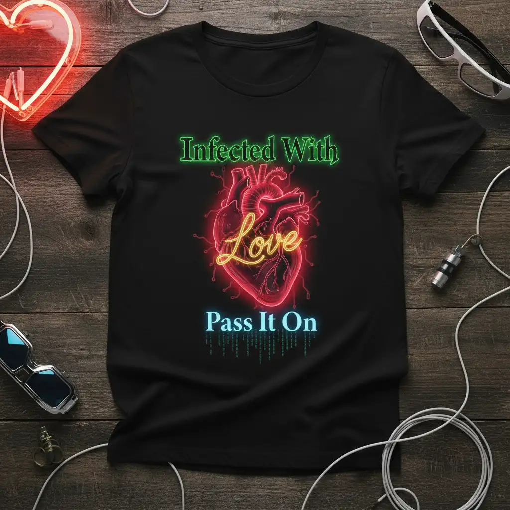 Infected With Love Pass It On quote with neon anatomical heart design on a black tee