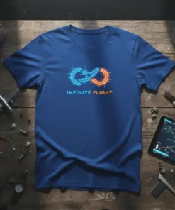 Infinite Flight T-Shirt with neon airplane and infinity symbol graphic, depicting the future of aviation