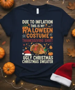 Due to Inflation This Is My Halloween Costume Thanksgiving Shirt Ugly Christmas Sweater text with pumpkin, turkey, and Santa hat