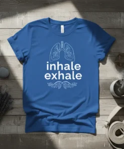Inhale exhale t-shirt with white line art of lungs and text 'inhale exhale'