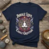 Inhale Love Exhale Gratitude t-shirt design with a meditating figure inside a lotus flower and celestial elements