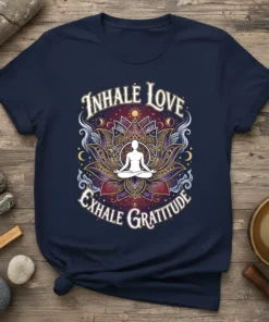 Inhale Love Exhale Gratitude t-shirt design with a meditating figure inside a lotus flower and celestial elements