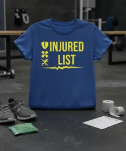 Injured List funny gym t-shirt with shield, crossbones, and runner graphics in yellow on a blue shirt