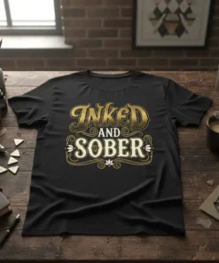 Black t-shirt with gold and cream text reading "INKED AND SOBER" in decorative vintage font, featuring a diamond graphic