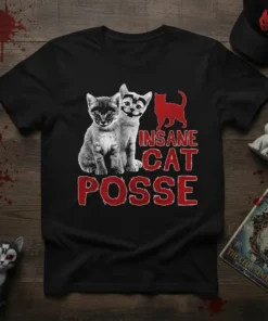 Insane Cat Posse t-shirt design featuring two kittens and red distressed text