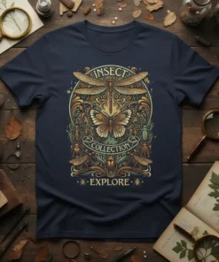 T-shirt with "Insect Collection Explore" text, featuring a detailed illustration of a butterfly, dragonfly, beetles, and other insects in an