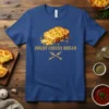 Insert Cheesy Bread text with a graphic of melted cheese bread and crossed forks on a blue t-shirt
