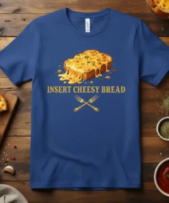 Insert Cheesy Bread text with a graphic of melted cheese bread and crossed forks on a blue t-shirt
