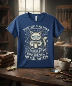 Grumpy cat holding coffee mug with text "INSIDE EVERY OLDER PERSON IS A YOUNGER PERSON WONDERING WHAT... THE HELL HAPPEN"