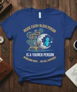 Inside Every Older Person Quote T-Shirt featuring a steampunk-style machine and a blue character on the moon, with the full