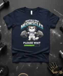 Installing MEOWSICLES PLEASE WAIT T-Shirt with a cat lifting weights and a progress bar graphic