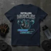Installing Muscles Please Wait t-shirt design featuring a muscular robot lifting weights and a progress bar