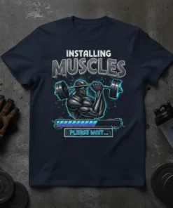 Installing Muscles Please Wait t-shirt design featuring a muscular robot lifting weights and a progress bar