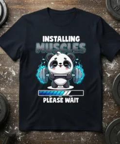 Installing Muscles Please Wait text with cute panda lifting barbell, progress bar, and blue fire graphic on a black t-shirt