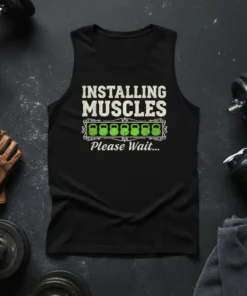 Installing Muscles Please Wait... gym tank top with kettlebell loading bar graphic