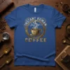 Instant Human Just Add Coffee quote t-shirt with steaming coffee cup graphic and steampunk gear design