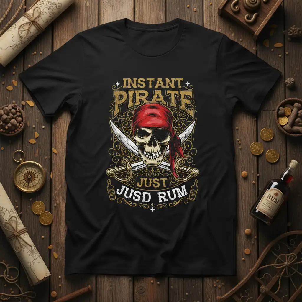 Instant Pirate Just Jusd Rum quote design with skull, bandanna, and crossed swords graphic