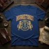Blue t-shirt with "INSURRECTIONIST" text and a crest featuring lions, a crown, and a torch