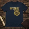 Navy blue t-shirt with "INTEGRITY" in gold text and a gold lion crest emblem