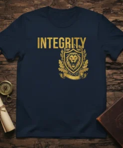 Navy blue t-shirt with "INTEGRITY" in gold text and a gold lion crest emblem