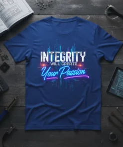 Integrity Will Create Your Passion quote on a blue t-shirt, featuring white and neon pink text with a city skyline