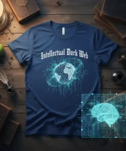 Intellectual Dark Web t-shirt with digital globe and brain graphics, representing cyber technology and internet culture
