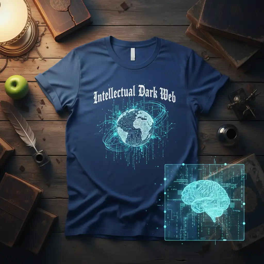 Intellectual Dark Web t-shirt design featuring a digital globe with circuit patterns and a brain graphic, highlighting cyber tech themes