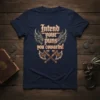 Intend your puns you cowards! text with dragon heads and crossed axes graphic on a navy t-shirt