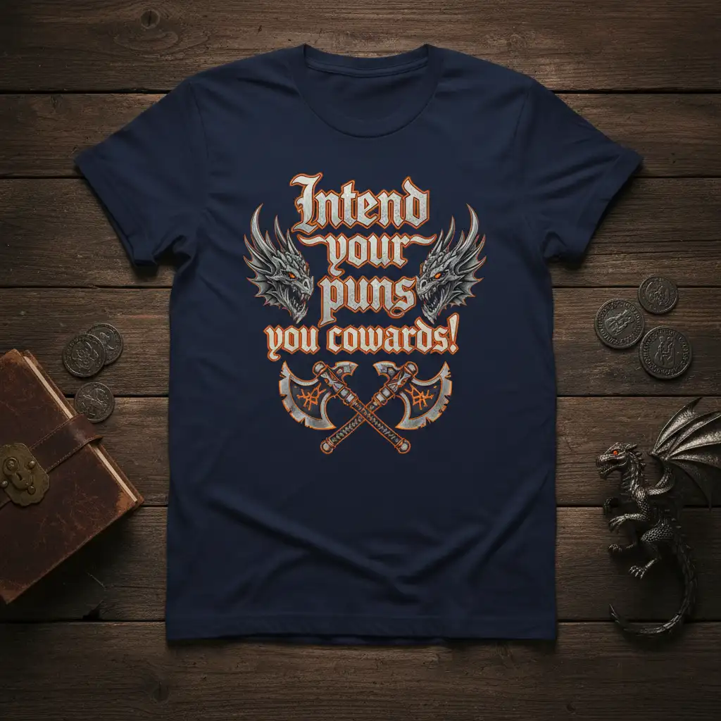 Intend your puns you cowards! quote with dragon graphics and battle axes on a dark t-shirt