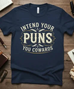 Intend Your PUNS YOU COWARDS text design on a navy t-shirt, featuring vintage-style typography and decorative elements