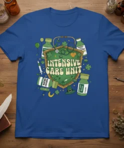 Intensive Care Unit text on a green shield with St. Patrick's Day medical elements like a stethoscope and syringes