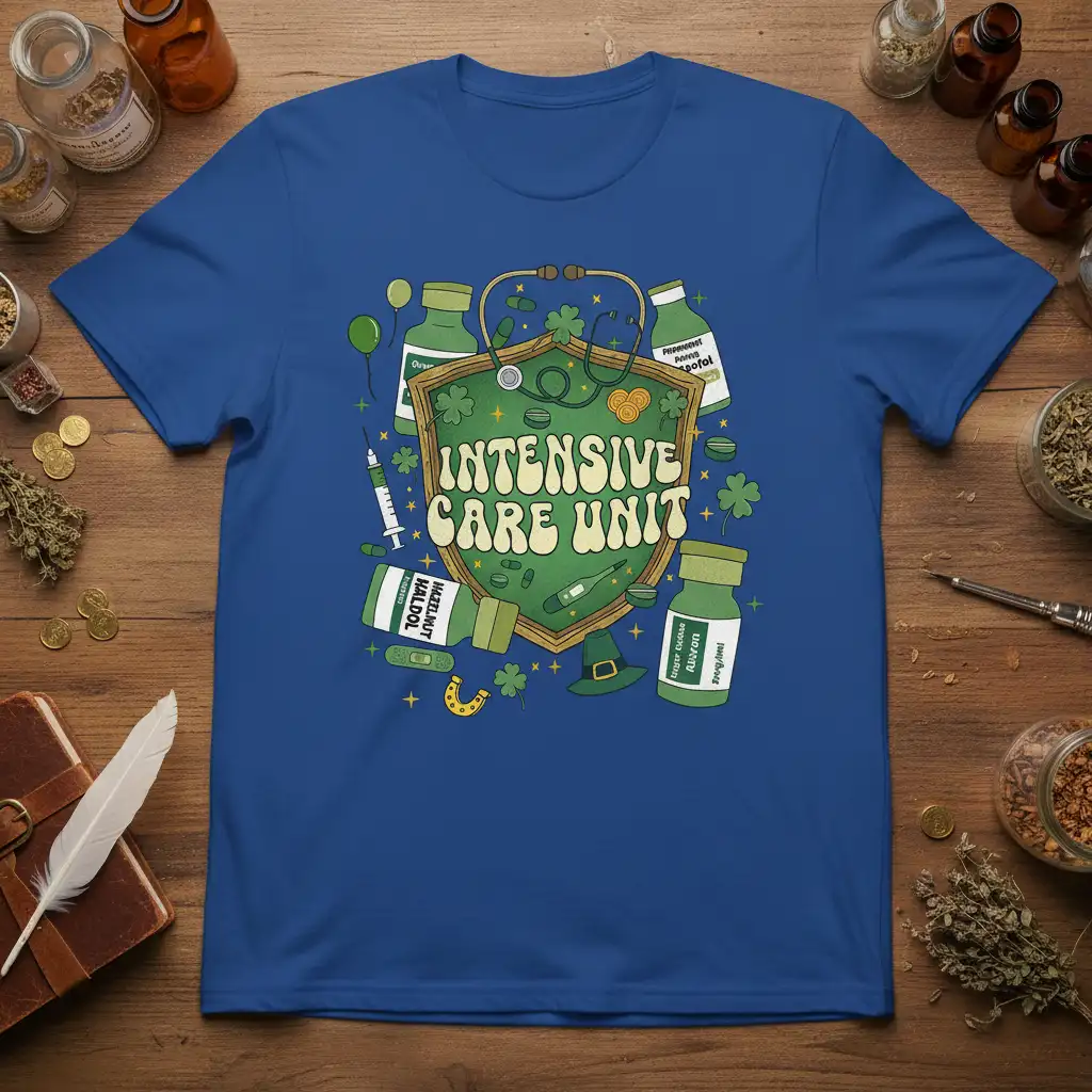 Intensive Care Unit text design with St. Patrick's Day medical graphics like stethoscope, syringes, and pills