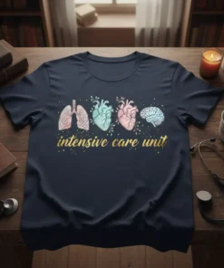 Intensive Care Unit T-Shirt with graphic of lungs, hearts, and brain, and gold text "intensive care unit"
