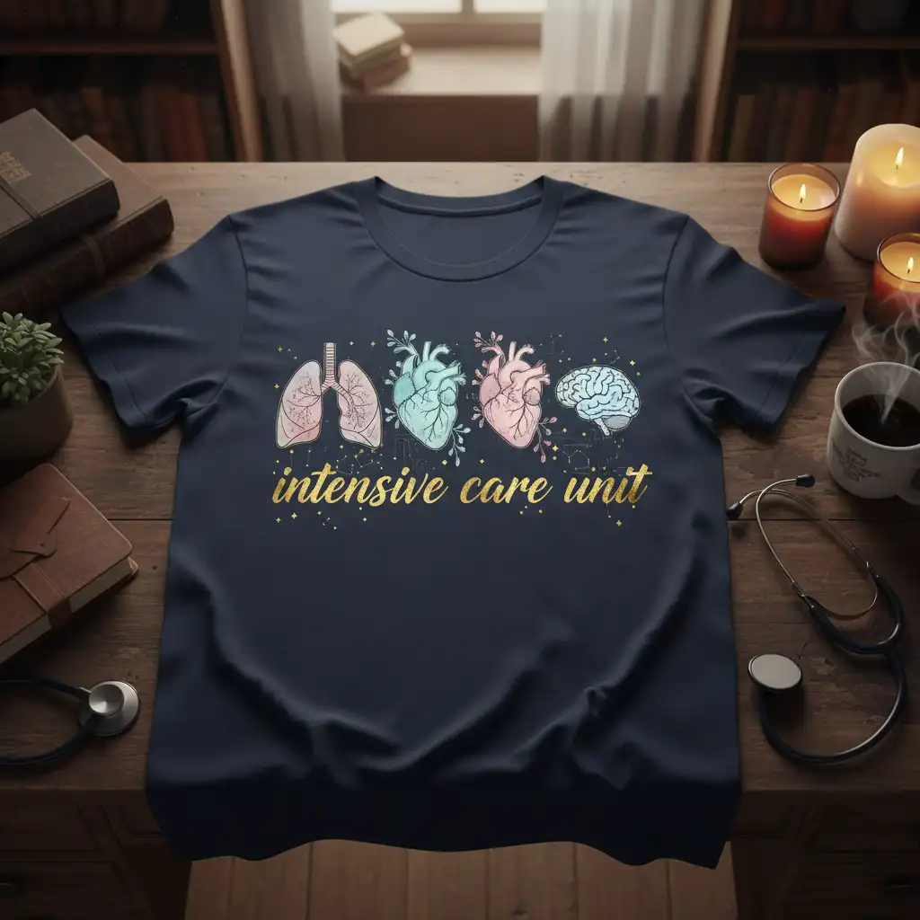 Intensive Care Unit text design with lungs, hearts, and brain graphic on navy blue t-shirt