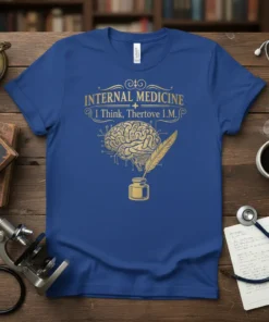 Internal Medicine I Think, Thertove I.M. t-shirt with gold brain graphic, quill, and inkwell