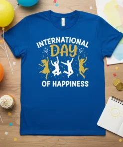 International Day of Happiness t-shirt design with white and gold text and leaping figures celebrating joy
